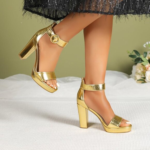 Amoji Women Pu-gold Faux Suede Open Toe High Heel Chunky Platform Sandals - Picture 7 of 7